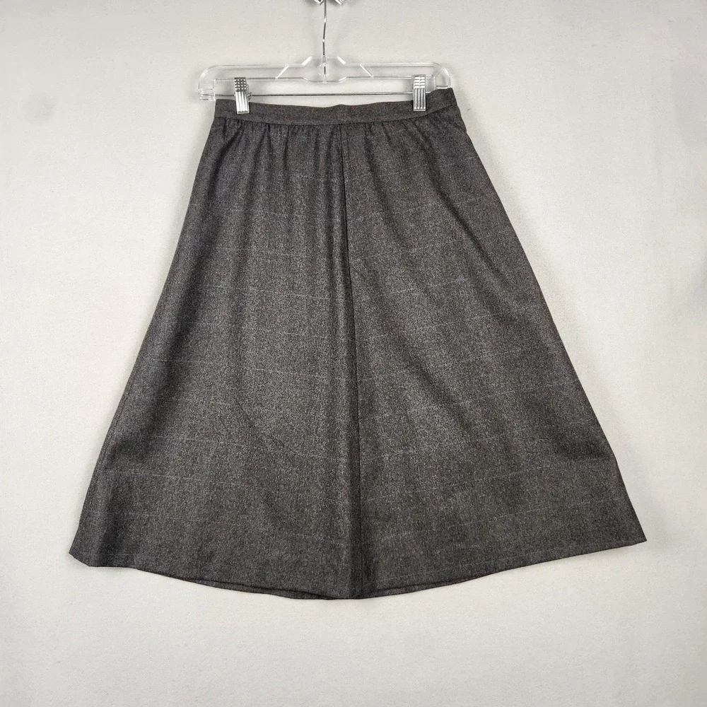 Vintage Wool Skirt Womens 10 Gray Windowpane Plaid A-Line Midi Side Zip 90s